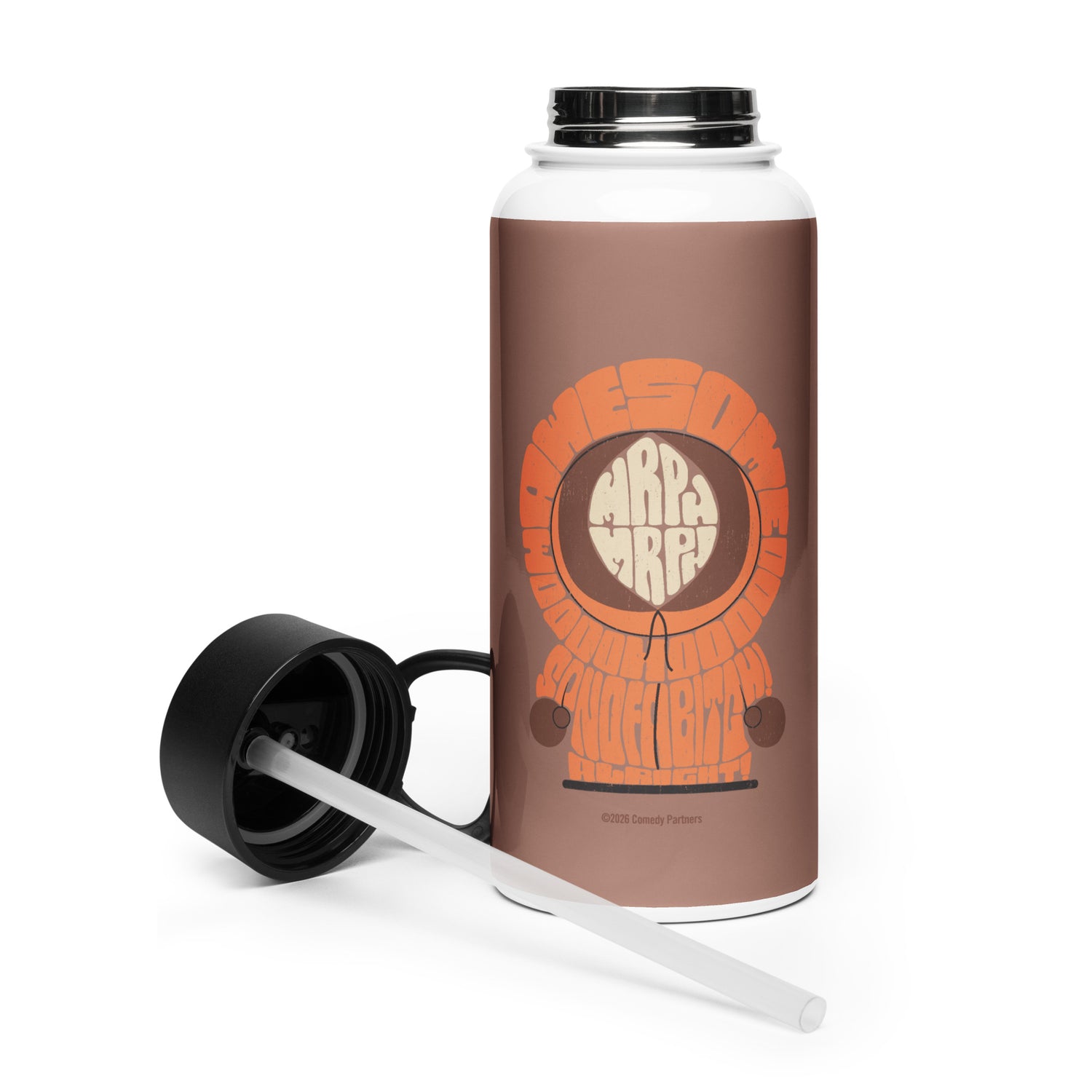 Side view of the South Park insulated travel water bottle showing official design artwork
