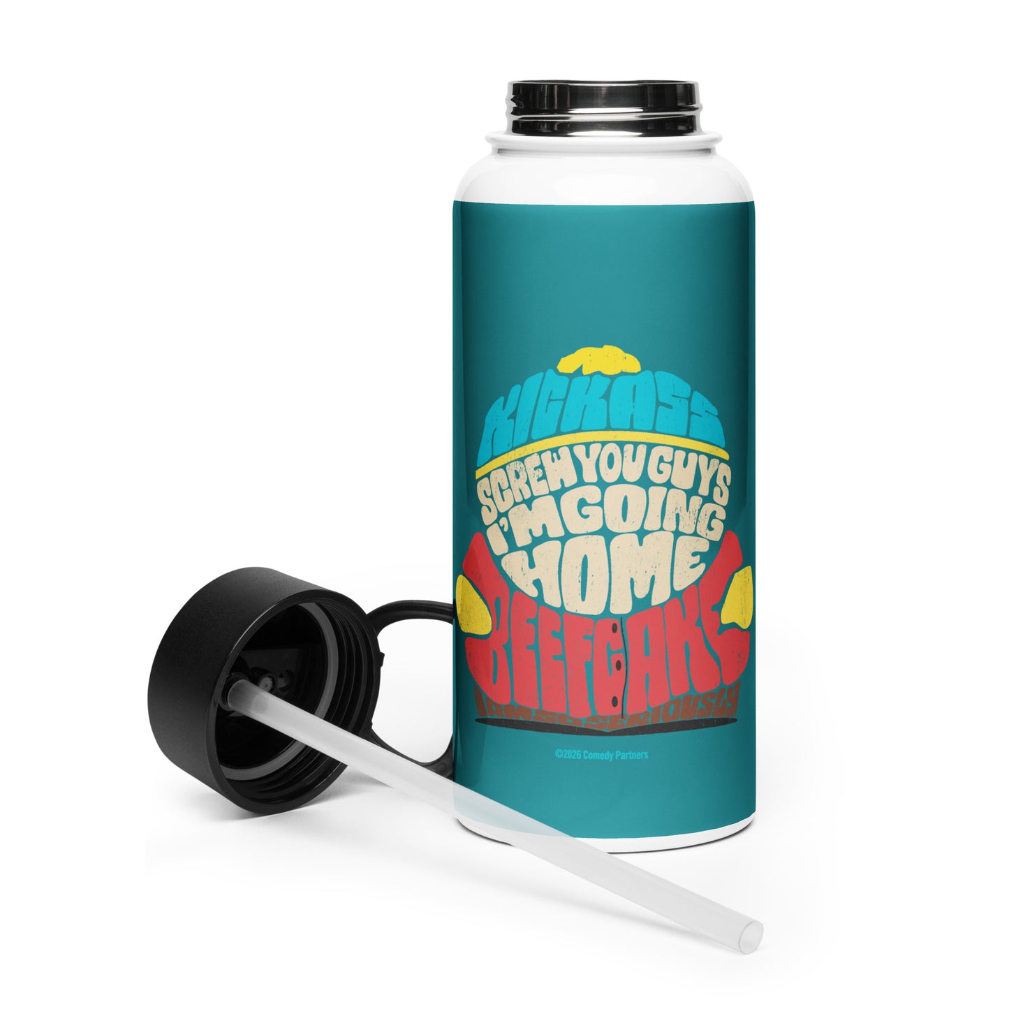South Park water bottle angled to show the stainless steel cap and full character design