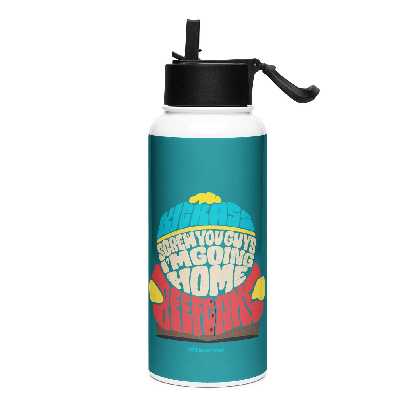 South Park stainless steel water bottle featuring Eric Cartman graphic and quote against a sleek background