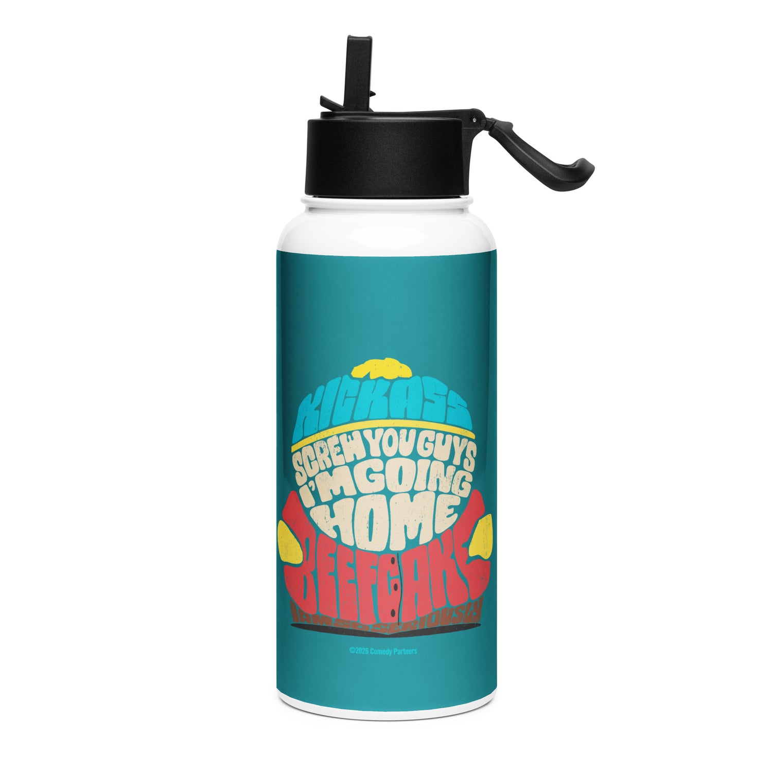 South Park stainless steel water bottle featuring Eric Cartman graphic and quote against a sleek background