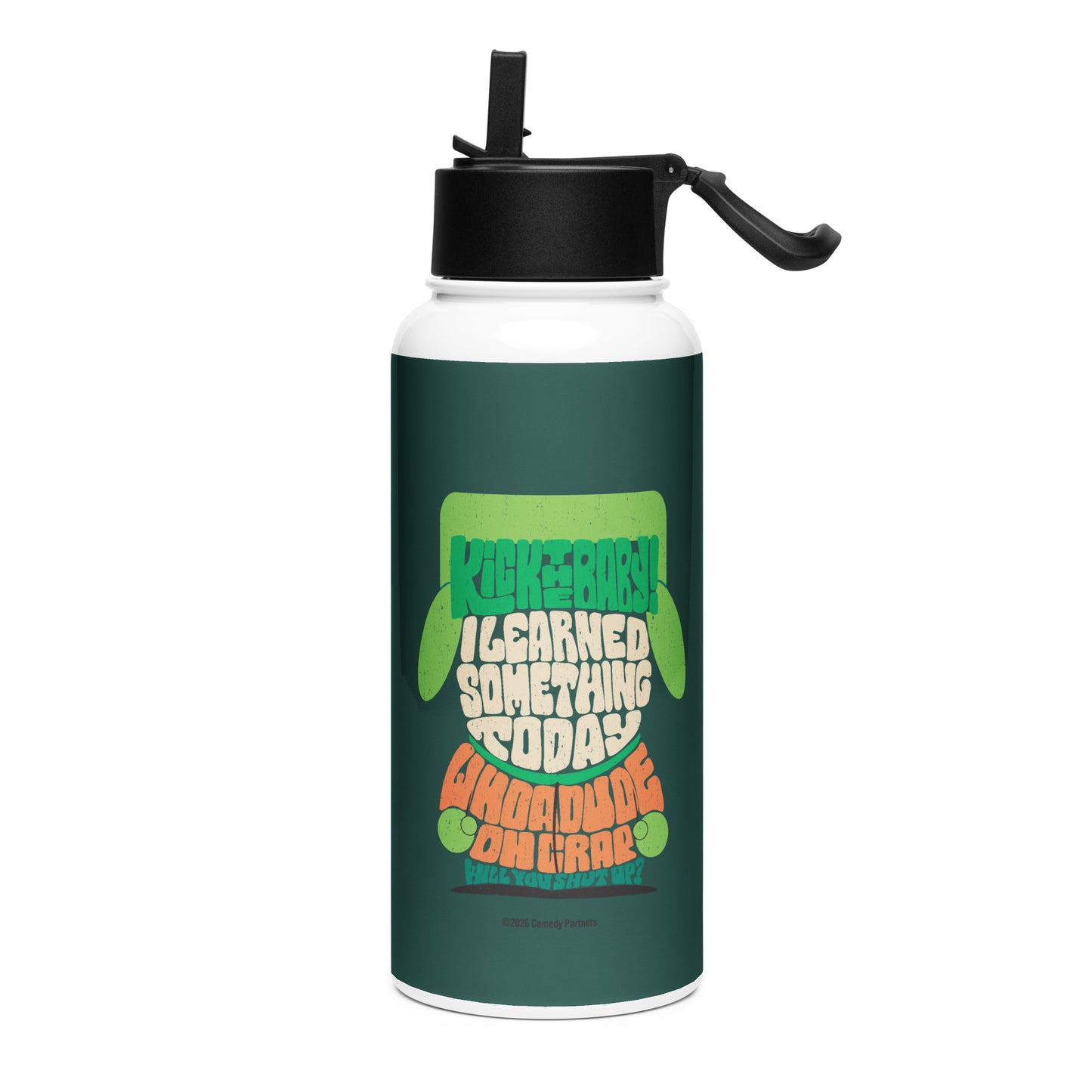 South Park stainless steel water bottle featuring Kyle quotes and character graphics against a branded background