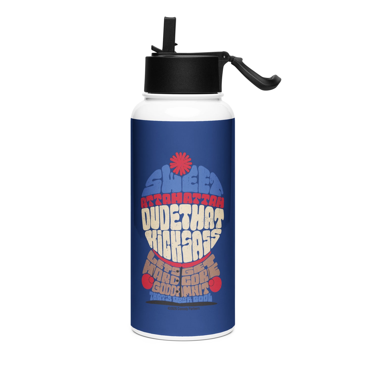 South Park stainless steel water bottle featuring Stan Marsh and quote graphic against a clean background