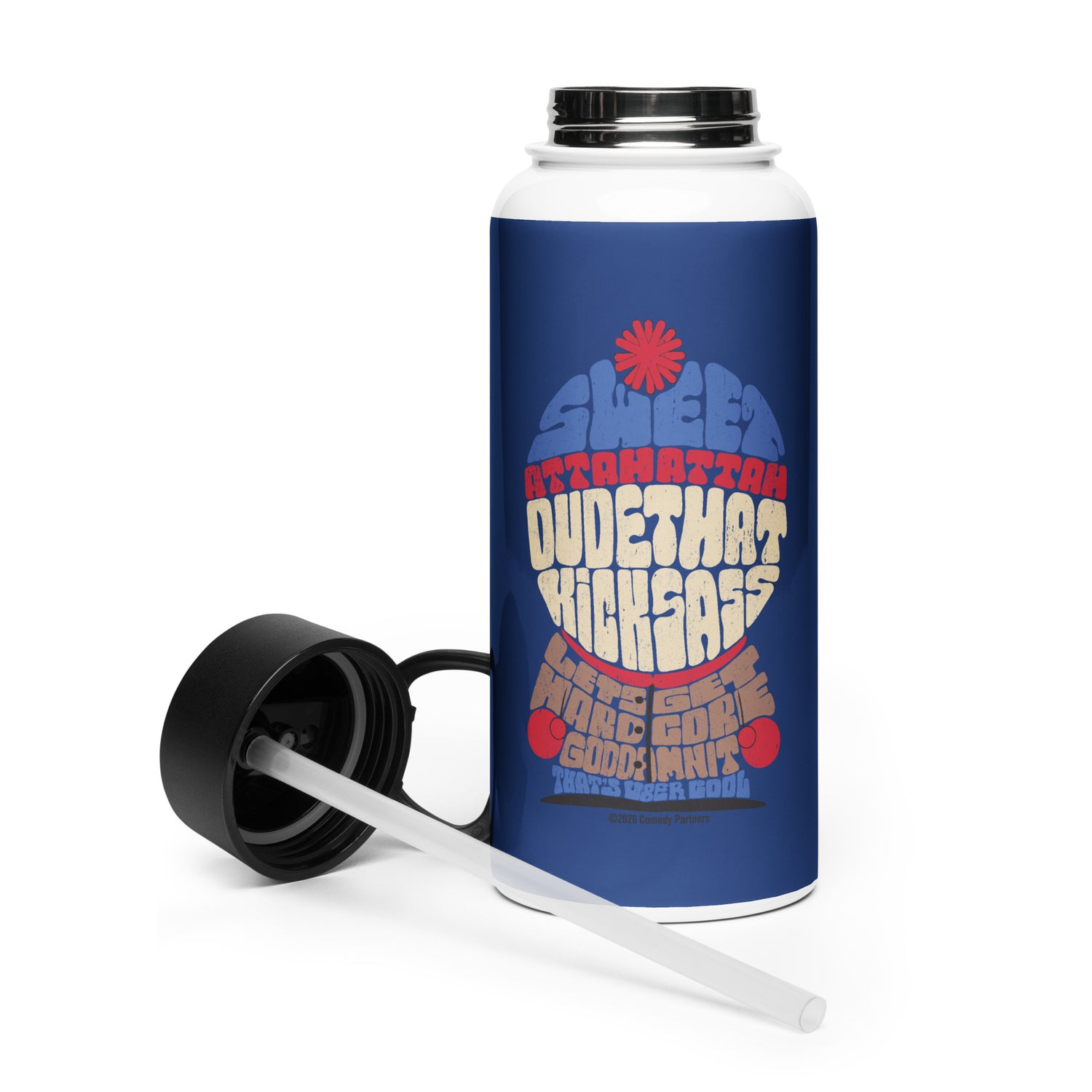 South Park water bottle angled to show the full wrap-around character print