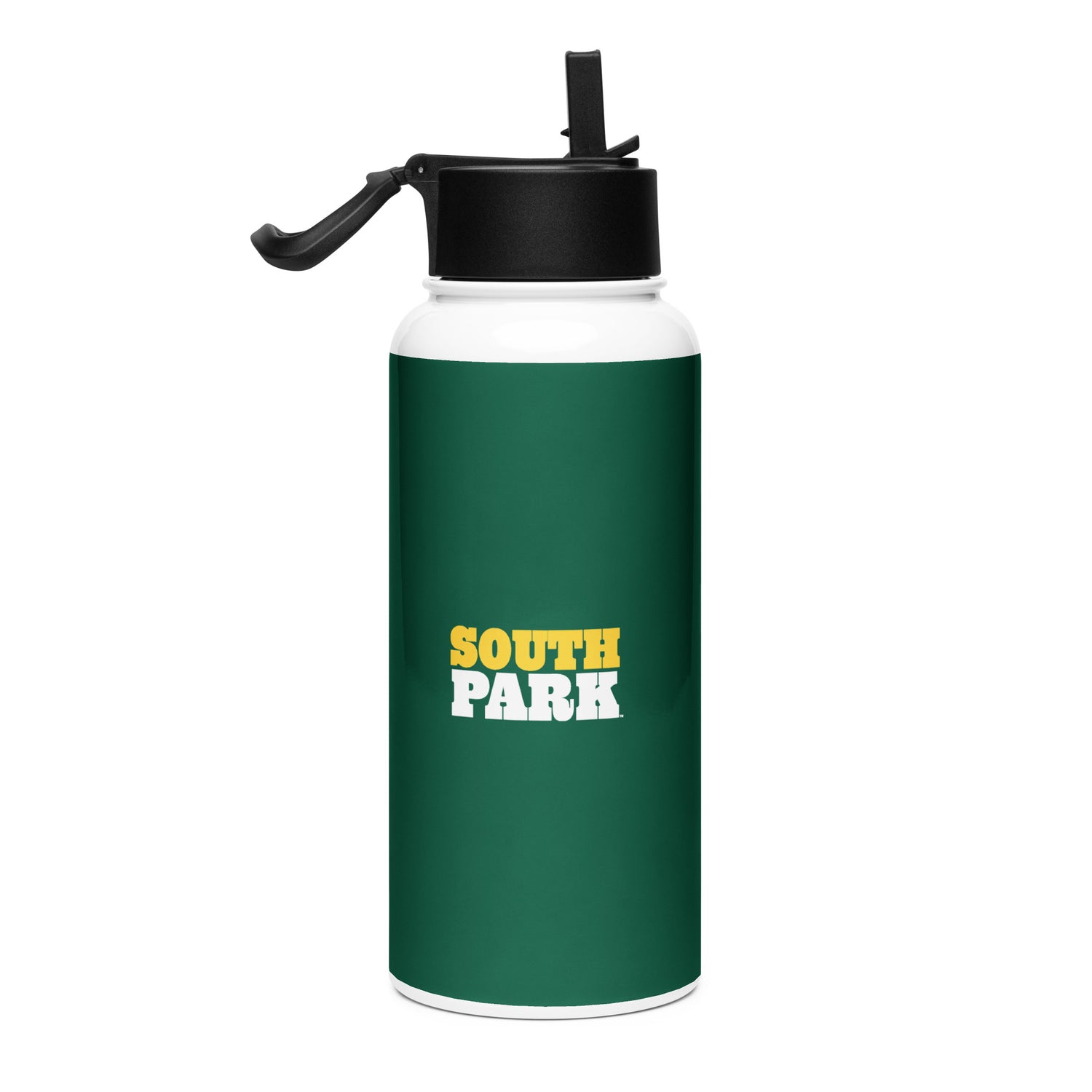 Close-up of Butters character quote design printed on a durable insulated water bottle