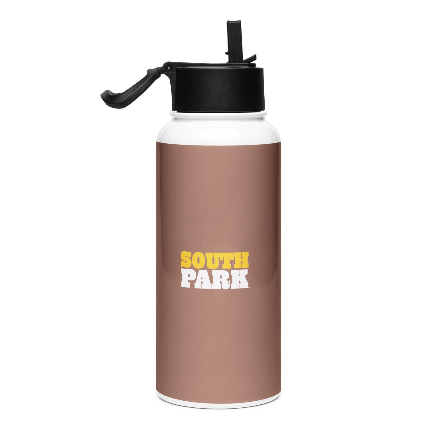 Close-up of the South Park Kenny quote printed on a durable stainless steel water bottle