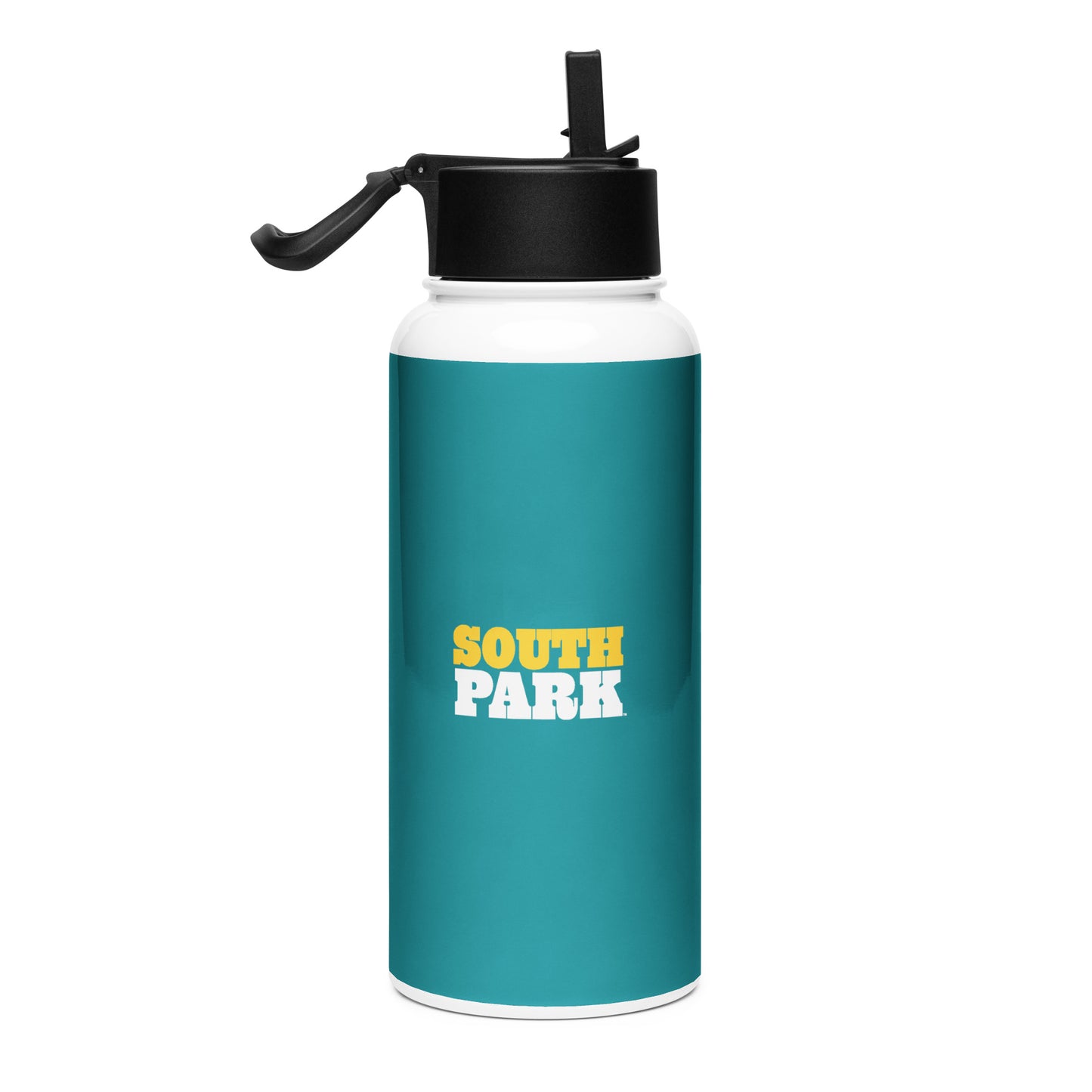 Close-up view of the Eric Cartman artwork and iconic quote printed on the South Park water bottle