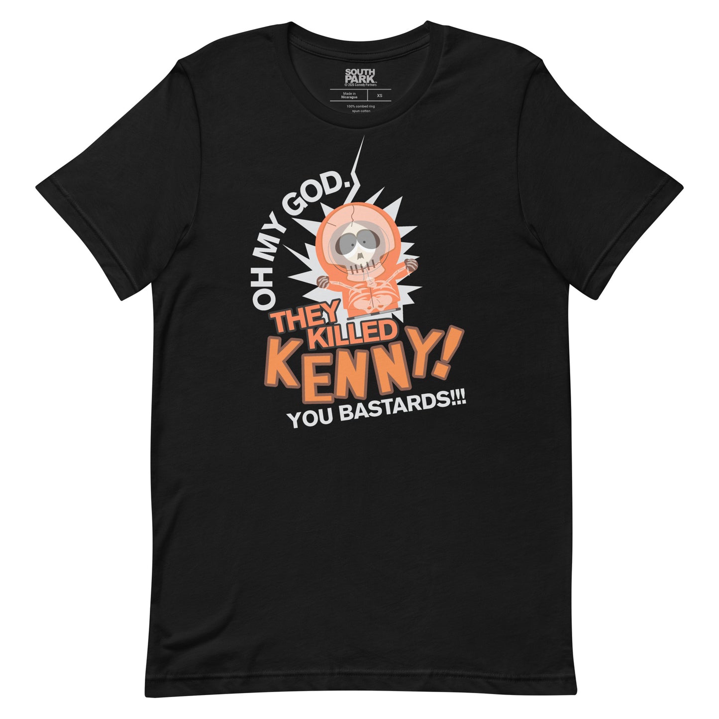 Front view of a black South Park T-shirt featuring the bold white and orange text They Killed Kenny.