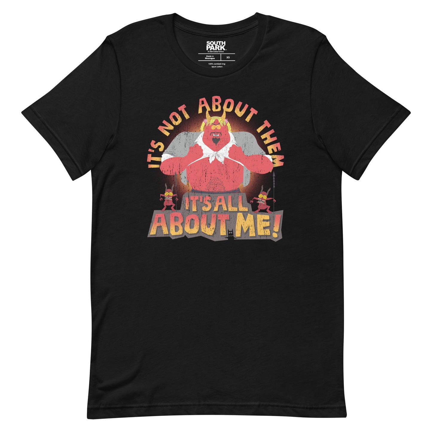 South Park crewneck t-shirt in black featuring the Satan It's All About Me! graphic design centered on the front