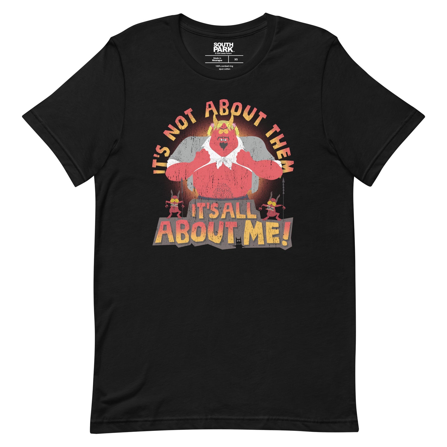South Park crewneck t-shirt in black featuring the Satan It's All About Me! graphic design centered on the front