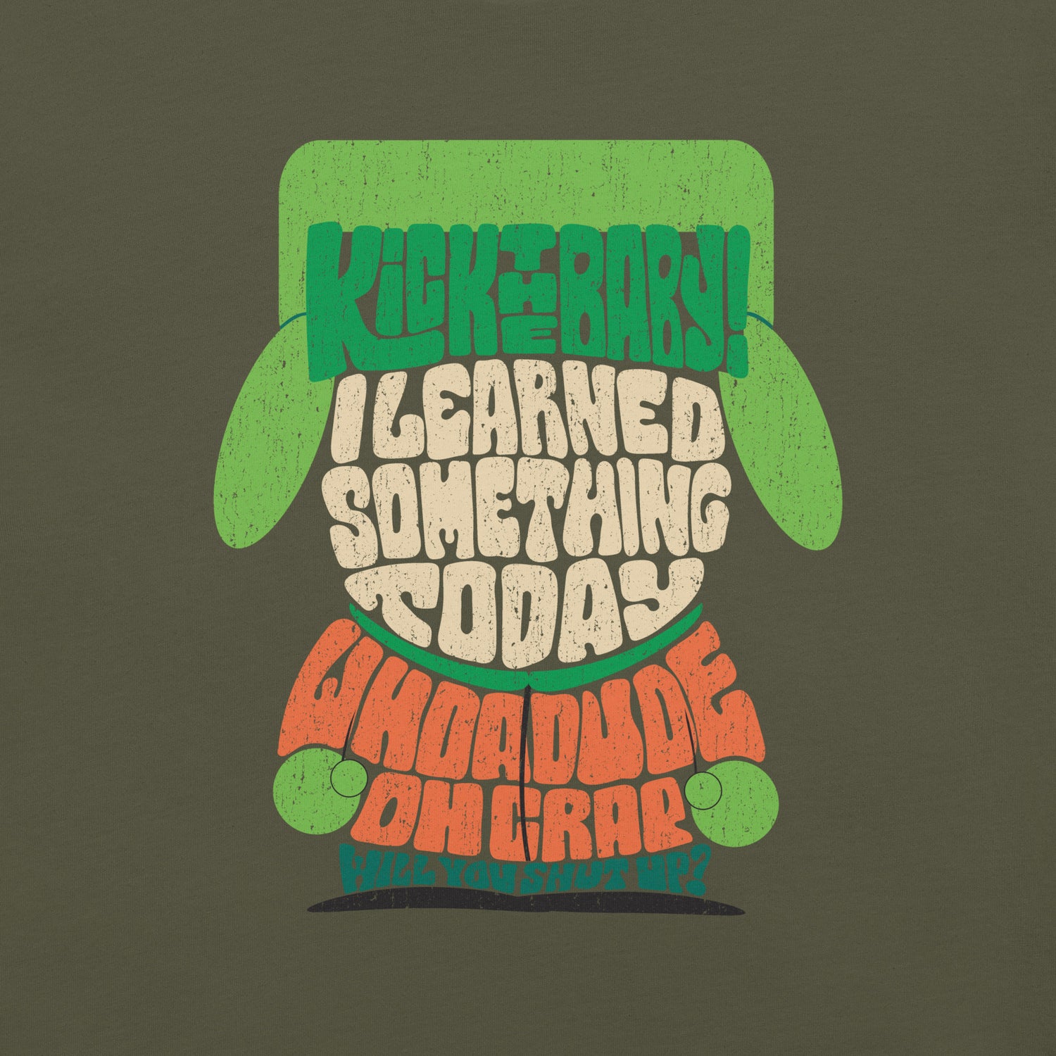 Close up of South Park Kyle character print and quote on t-shirt