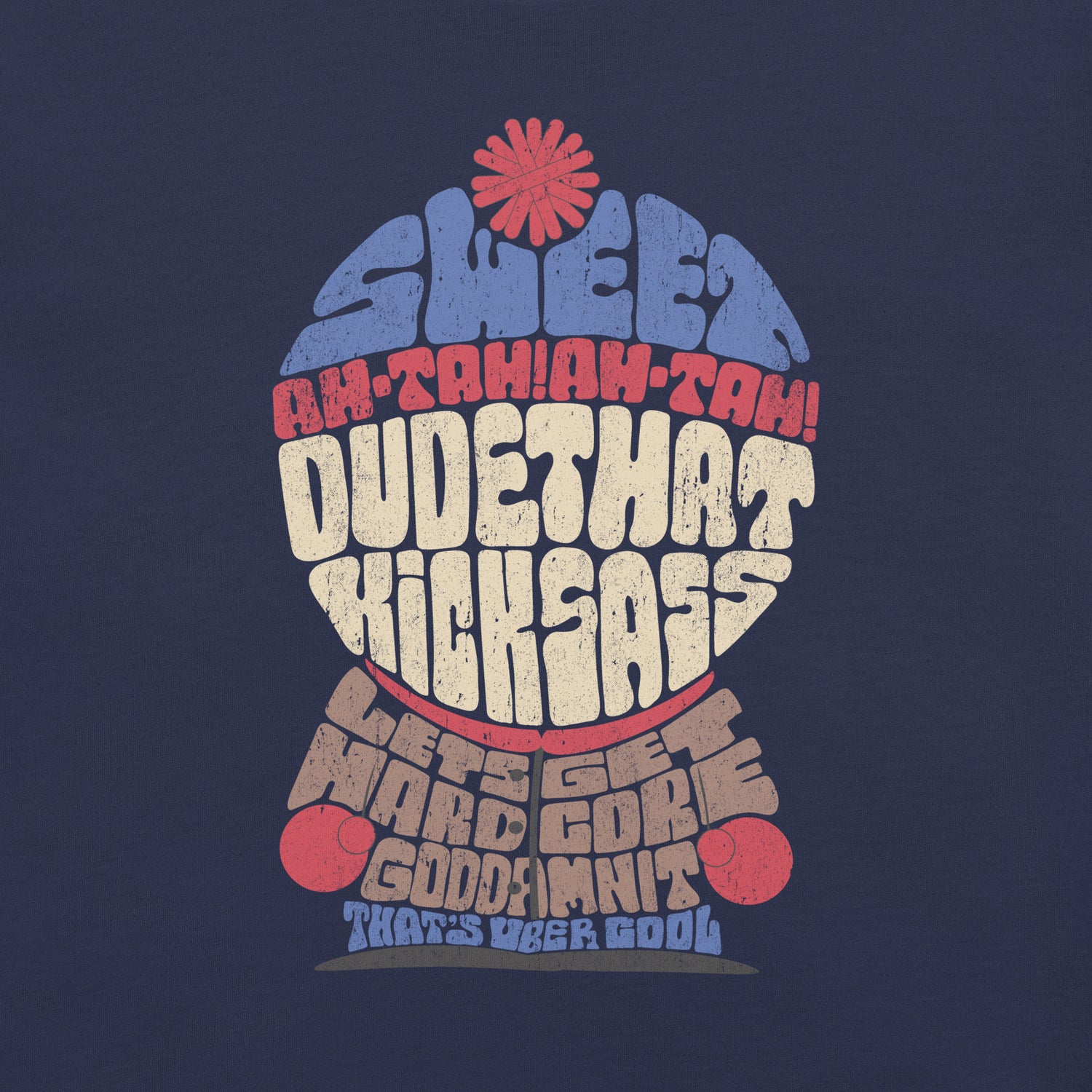 Close-up of South Park Stan quote artwork on cotton t-shirt