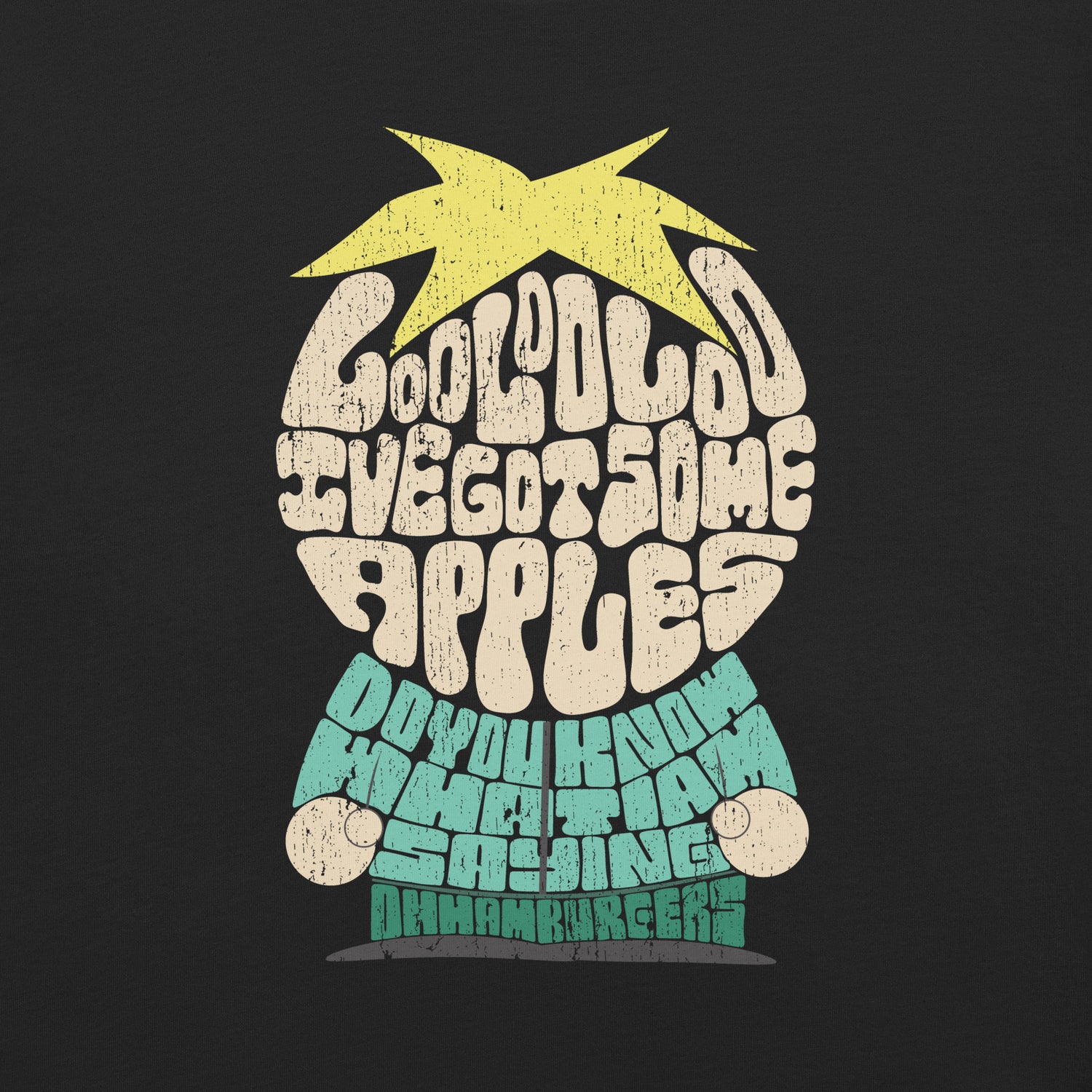 Close-up of the Butters character art and quote printed on the South Park t-shirt